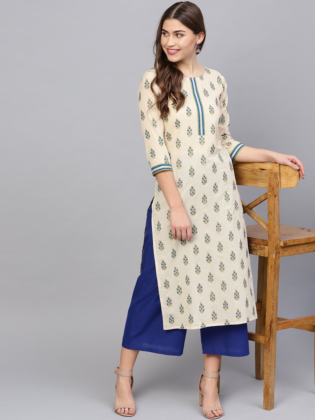 Women Cream-Coloured & Blue Printed Kurta with Palazzos | NOZ2TOZ - Made In INDIA.