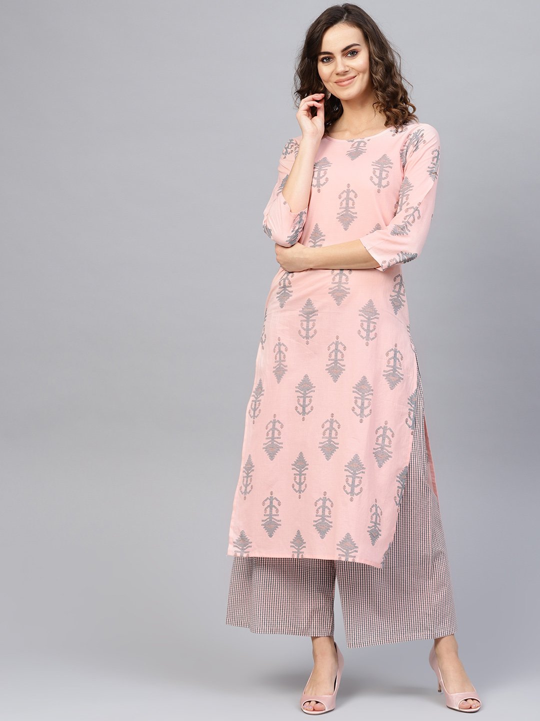 Women Pink & Teal Blue Printed Kurta with Palazzos | NOZ2TOZ - Made In INDIA.