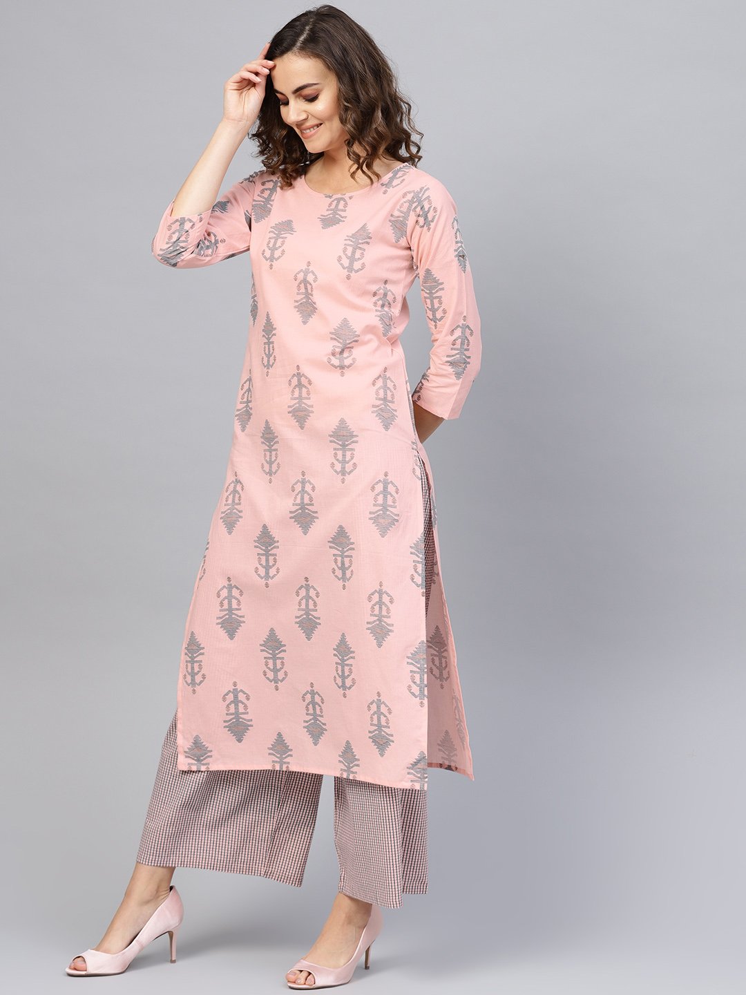 Women Pink & Teal Blue Printed Kurta with Palazzos | NOZ2TOZ - Made In INDIA.