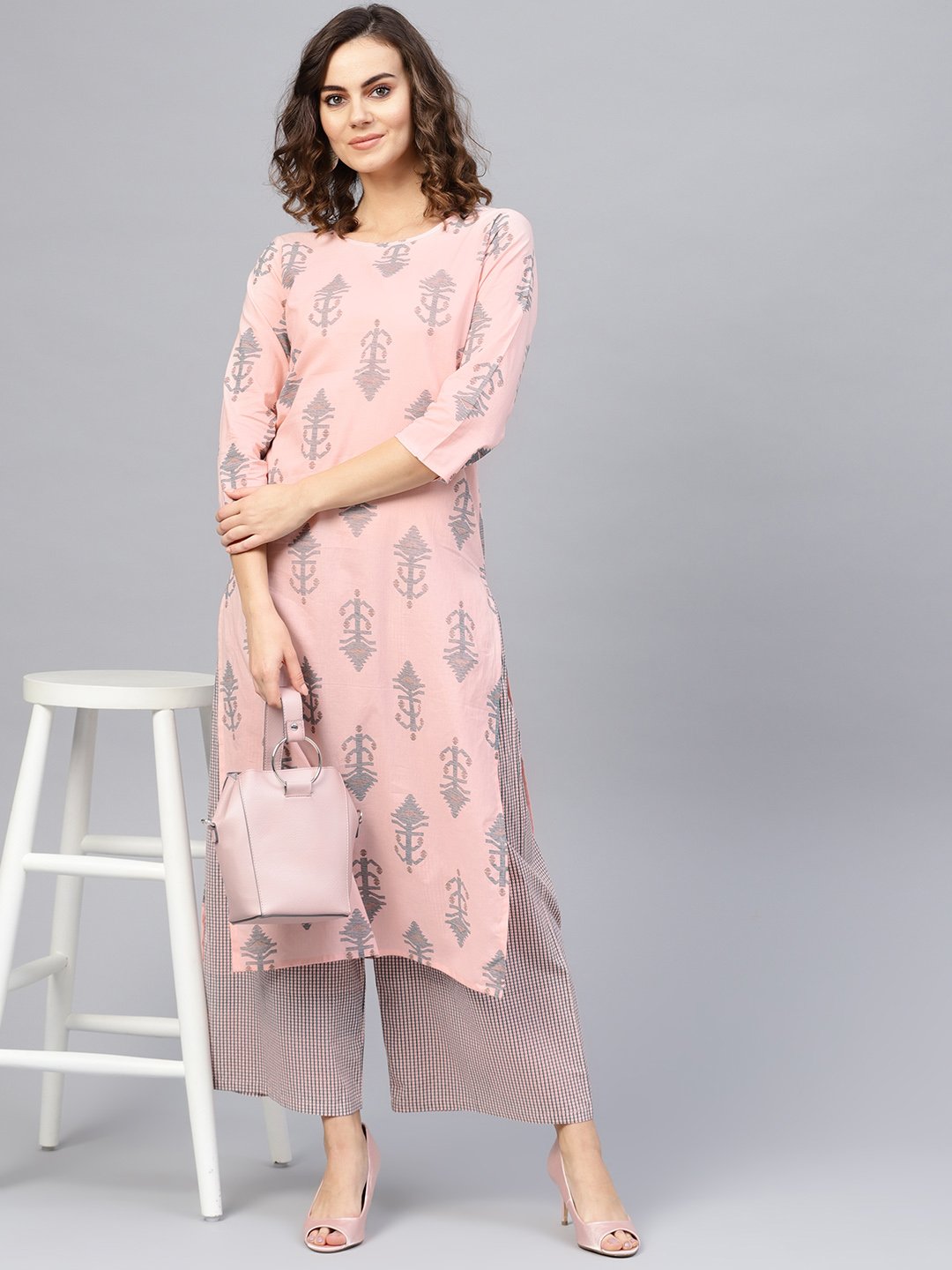 Women Pink & Teal Blue Printed Kurta with Palazzos | NOZ2TOZ - Made In INDIA.