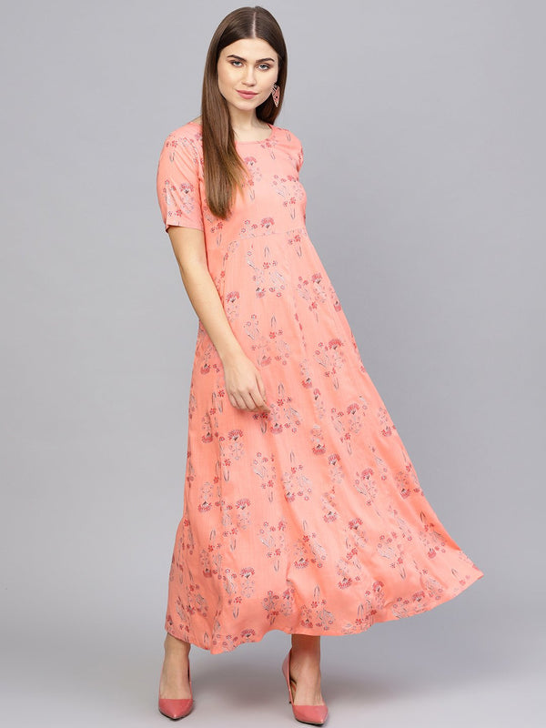 Women Peach-Coloured Printed Maxi Dress | NOZ2TOZ - Made In INDIA.