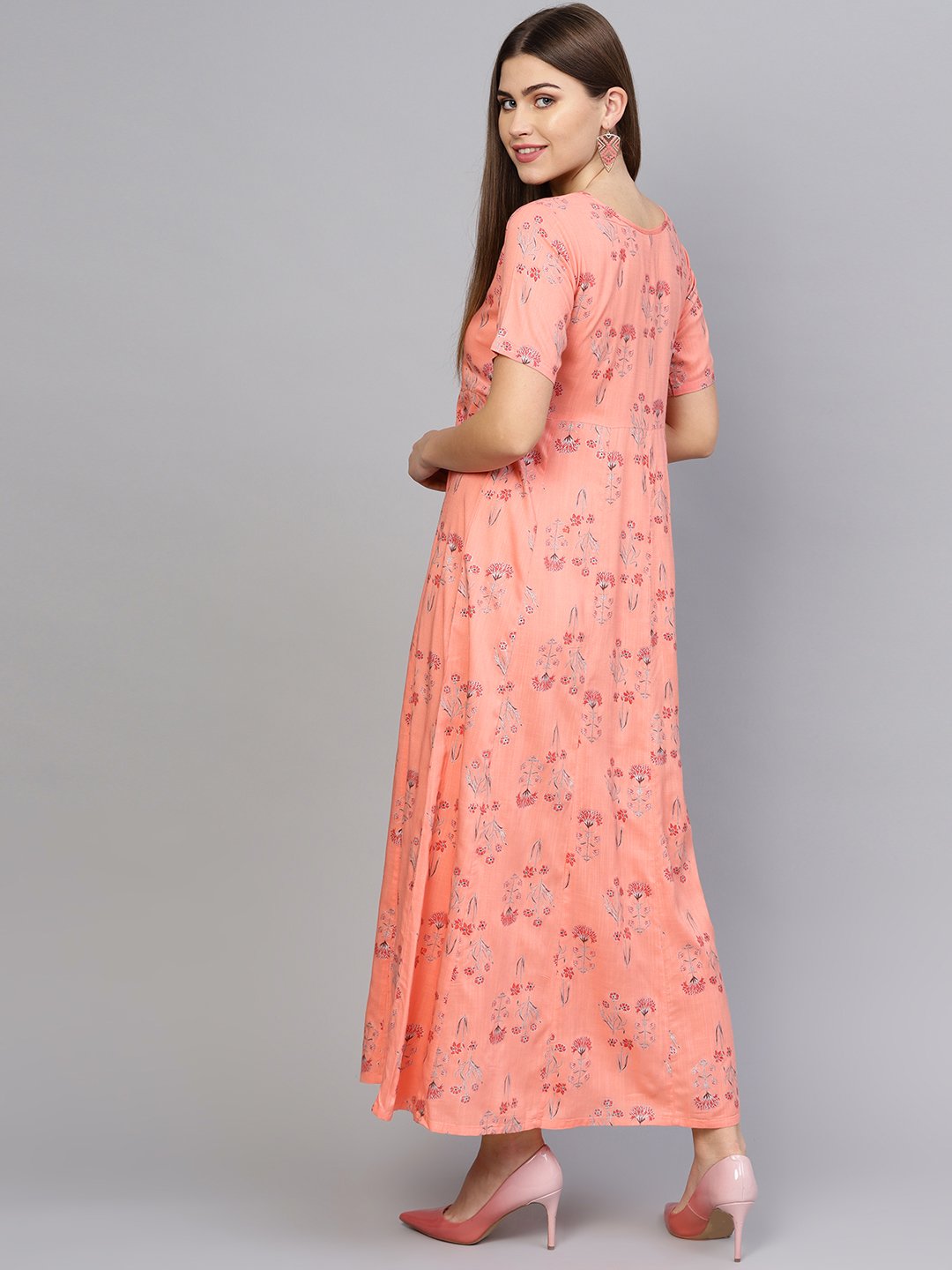 Women Peach-Coloured Printed Maxi Dress | NOZ2TOZ - Made In INDIA.