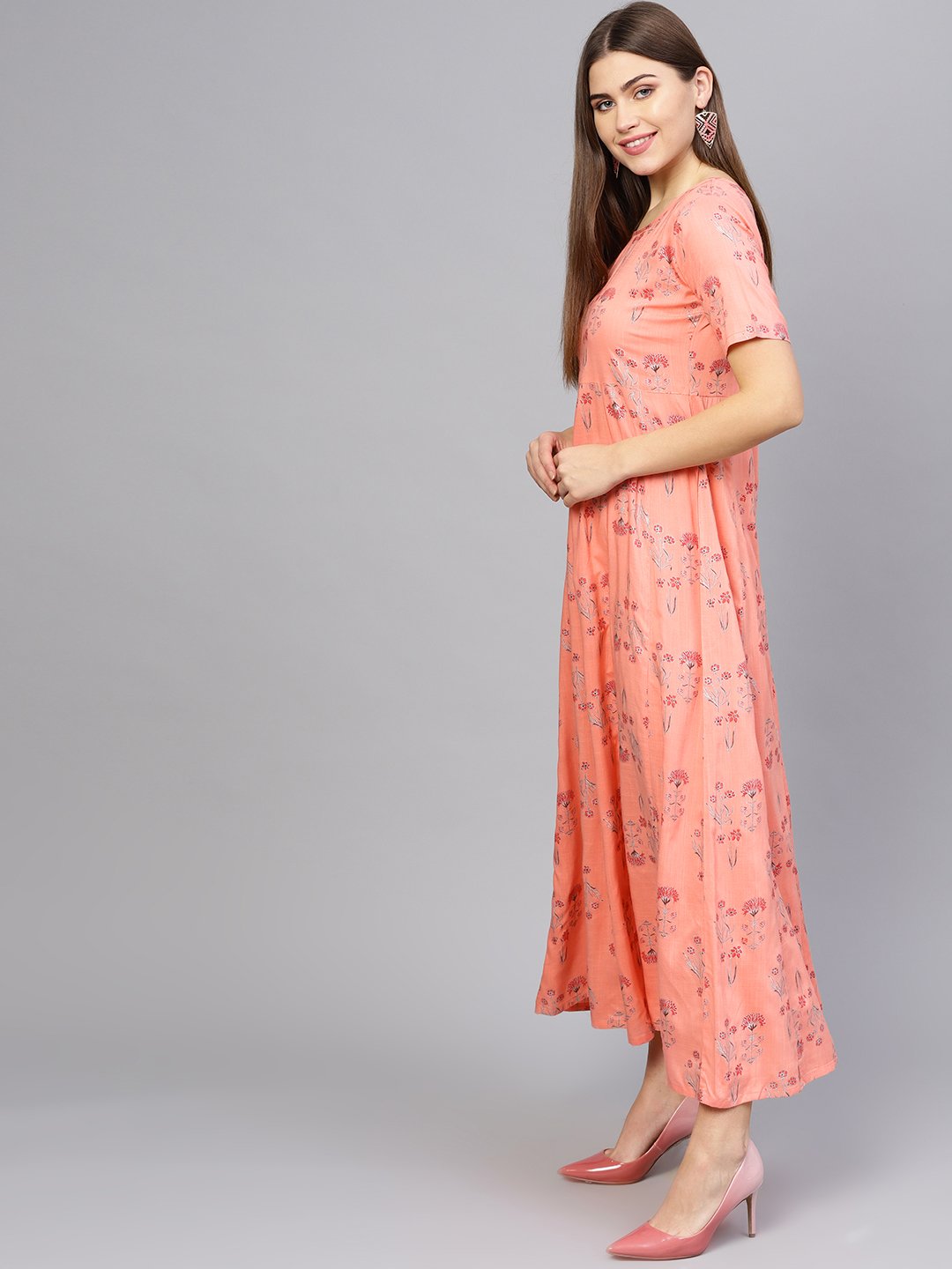 Women Peach-Coloured Printed Maxi Dress | NOZ2TOZ - Made In INDIA.