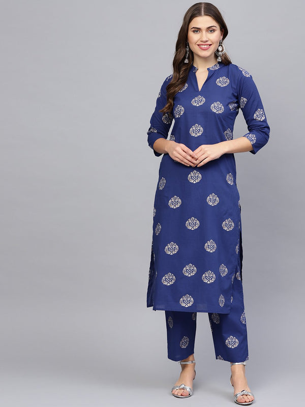 Women Blue & Golden Printed Kurta with Palazzos | NOZ2TOZ - Made In INDIA.