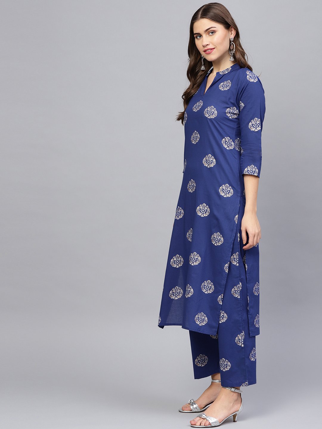 Women Blue & Golden Printed Kurta with Palazzos | NOZ2TOZ - Made In INDIA.