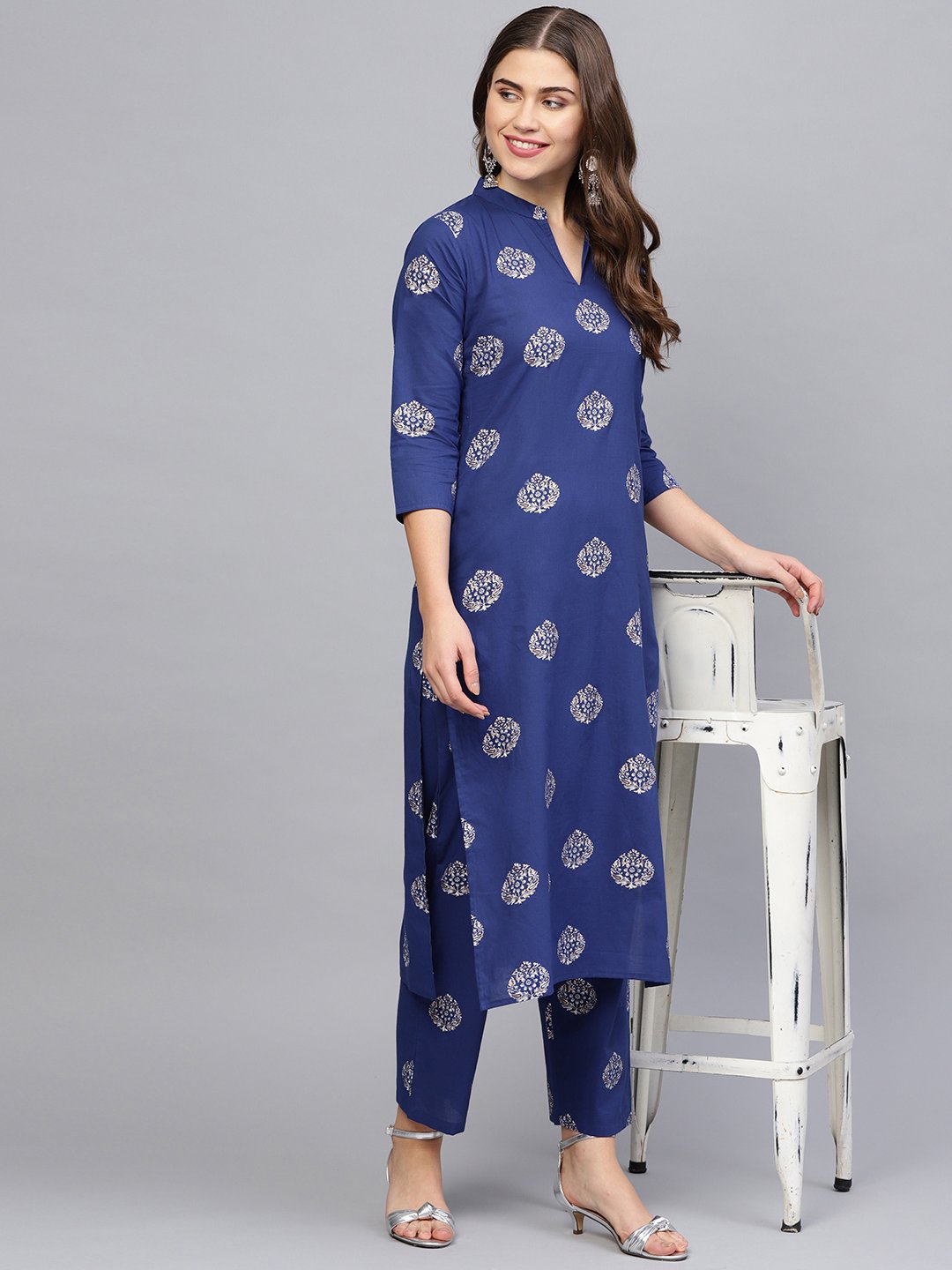 Women Blue & Golden Printed Kurta with Palazzos | NOZ2TOZ - Made In INDIA.