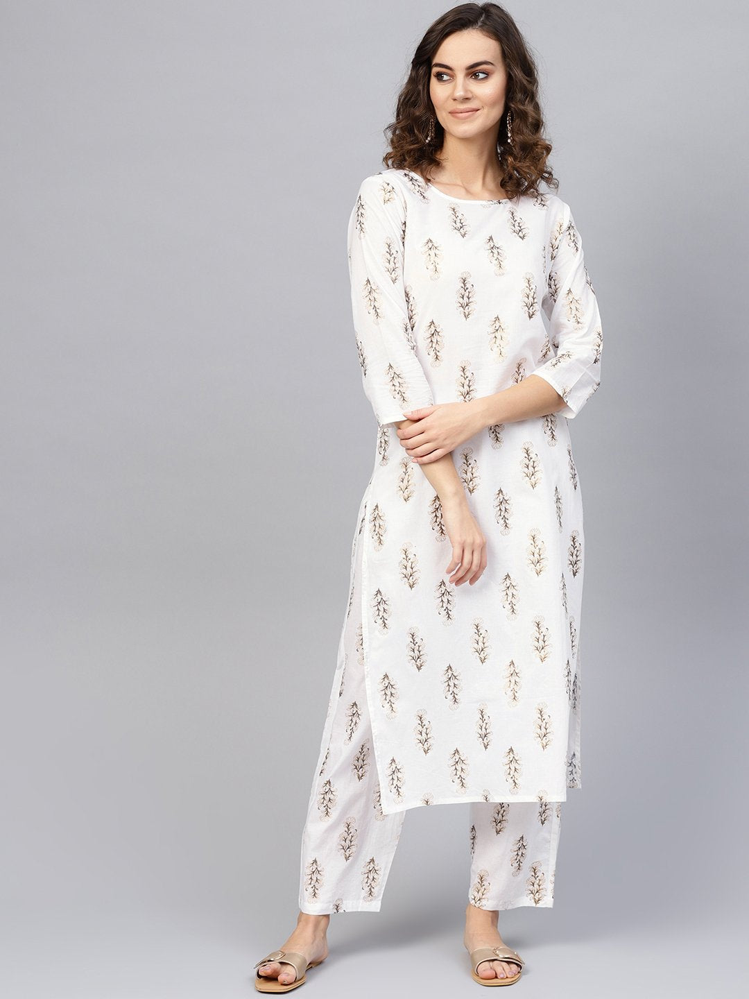 Women Off-White & Golden Printed Kurta with Trousers | NOZ2TOZ - Made In INDIA.