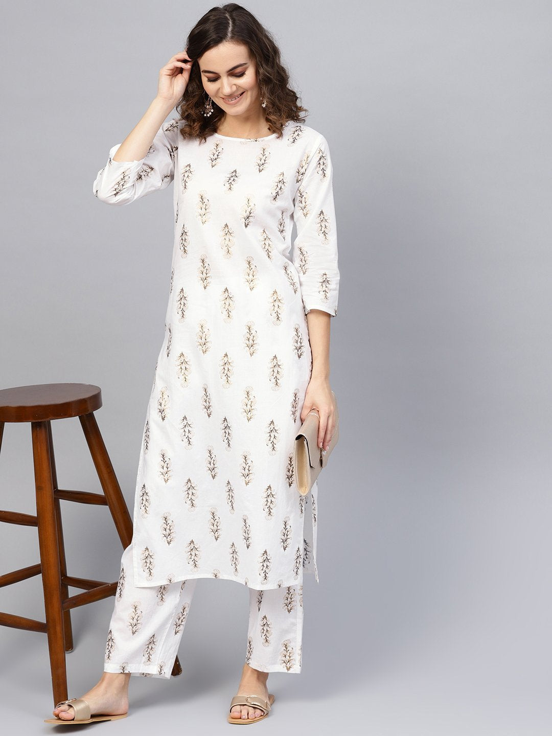 Women Off-White & Golden Printed Kurta with Trousers | NOZ2TOZ - Made In INDIA.