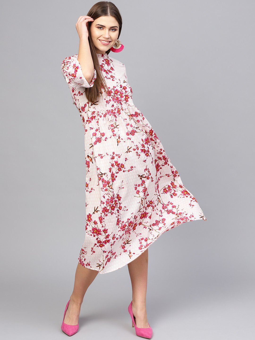 Women Off-White & Pink Printed Empire Dress | NOZ2TOZ - Made In INDIA.