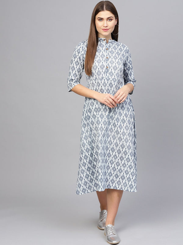 Women Navy Blue & Off-White Printed A-Line Dress | NOZ2TOZ - Made In INDIA.