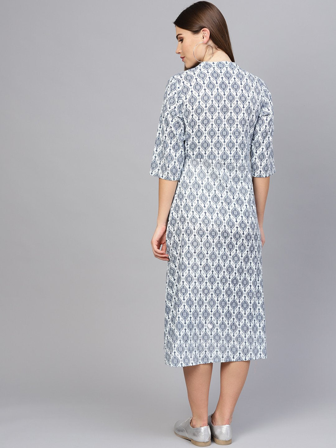 Women Navy Blue & Off-White Printed A-Line Dress | NOZ2TOZ - Made In INDIA.