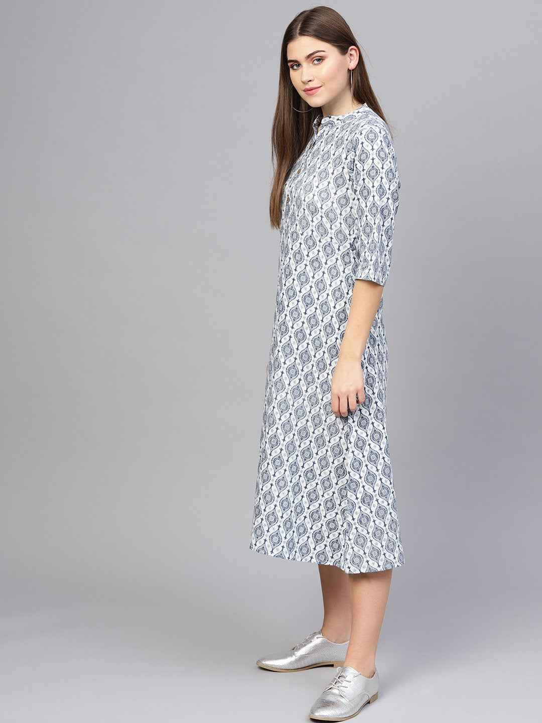 Women Navy Blue & Off-White Printed A-Line Dress | NOZ2TOZ - Made In INDIA.