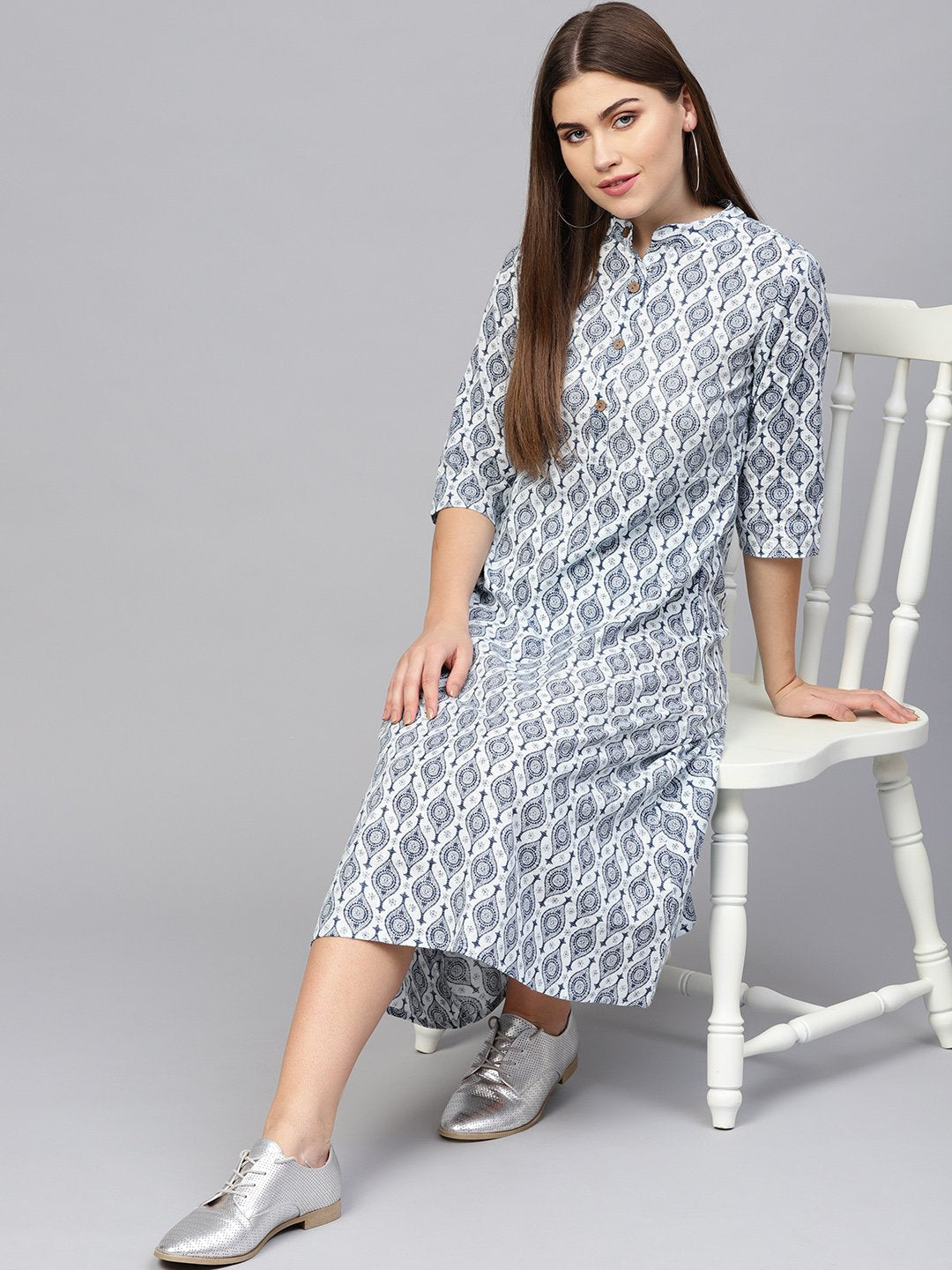 Women Navy Blue & Off-White Printed A-Line Dress | NOZ2TOZ - Made In INDIA.