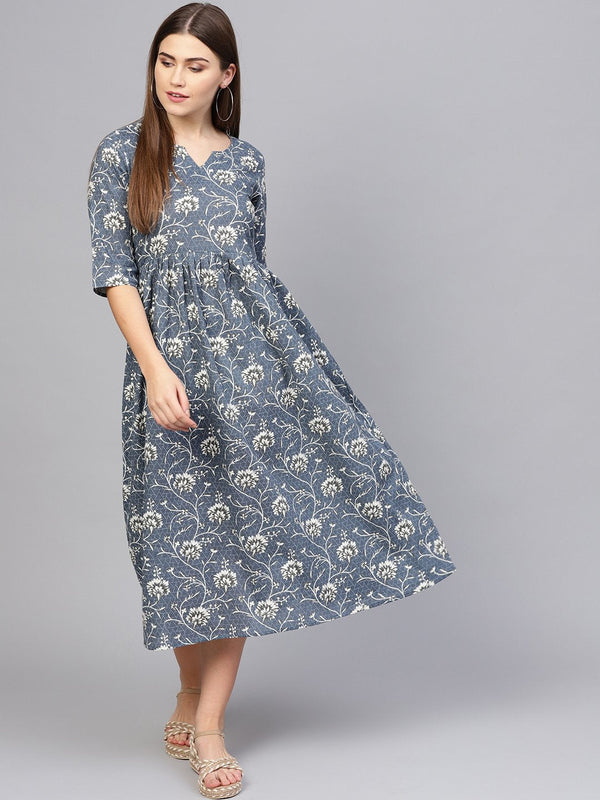 Women Navy Blue & Off-White Printed A-Line Dress | NOZ2TOZ - Made In INDIA.