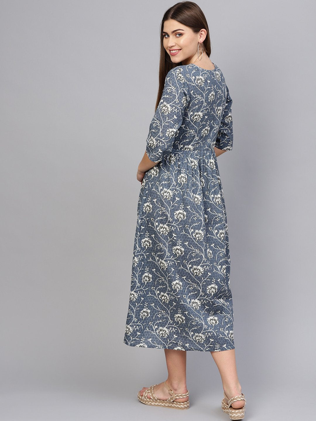 Women Navy Blue & Off-White Printed A-Line Dress | NOZ2TOZ - Made In INDIA.