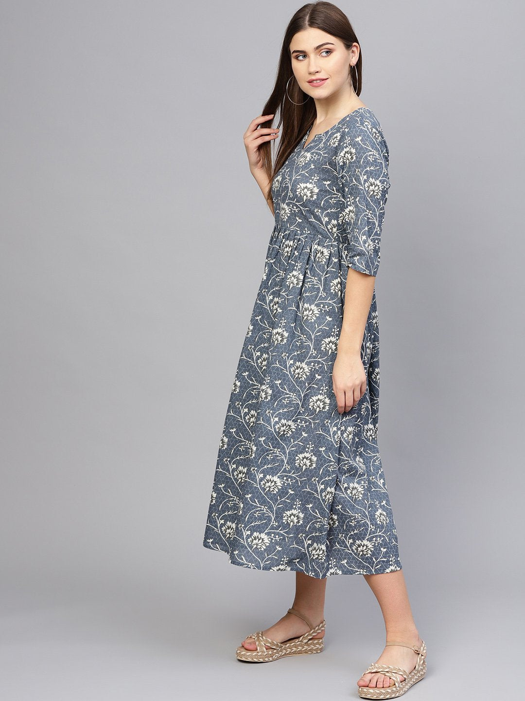 Women Navy Blue & Off-White Printed A-Line Dress | NOZ2TOZ - Made In INDIA.