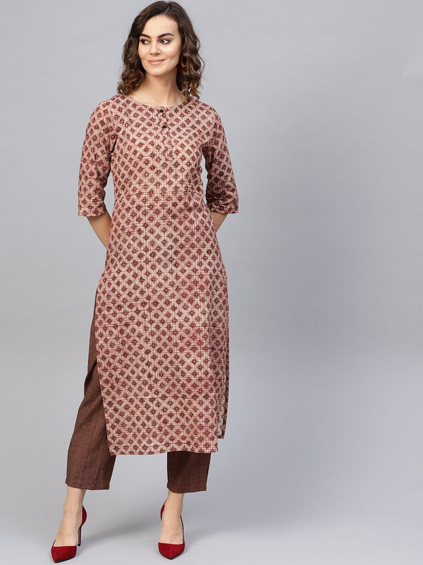 Women Beige & Brown Printed Kurta with Trousers | NOZ2TOZ - Made In INDIA.