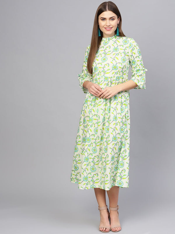 Women Cream-Coloured & Green Printed A-Line Dress | NOZ2TOZ - Made In INDIA.