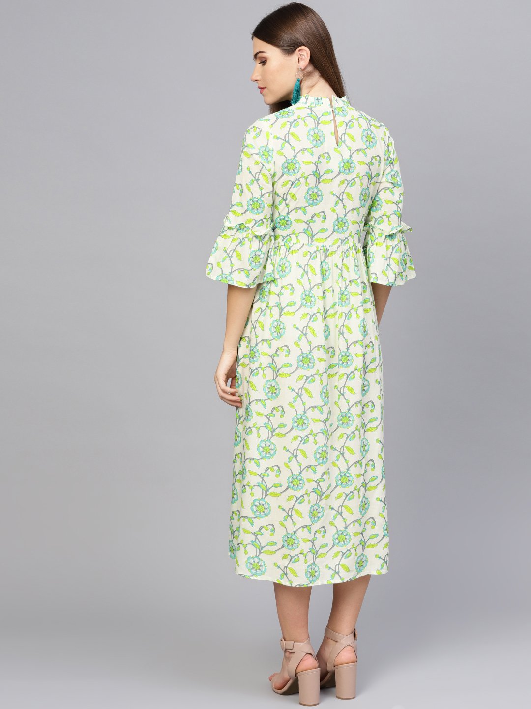 Women Cream-Coloured & Green Printed A-Line Dress | NOZ2TOZ - Made In INDIA.