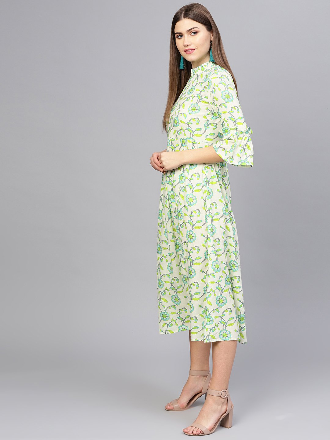 Women Cream-Coloured & Green Printed A-Line Dress | NOZ2TOZ - Made In INDIA.