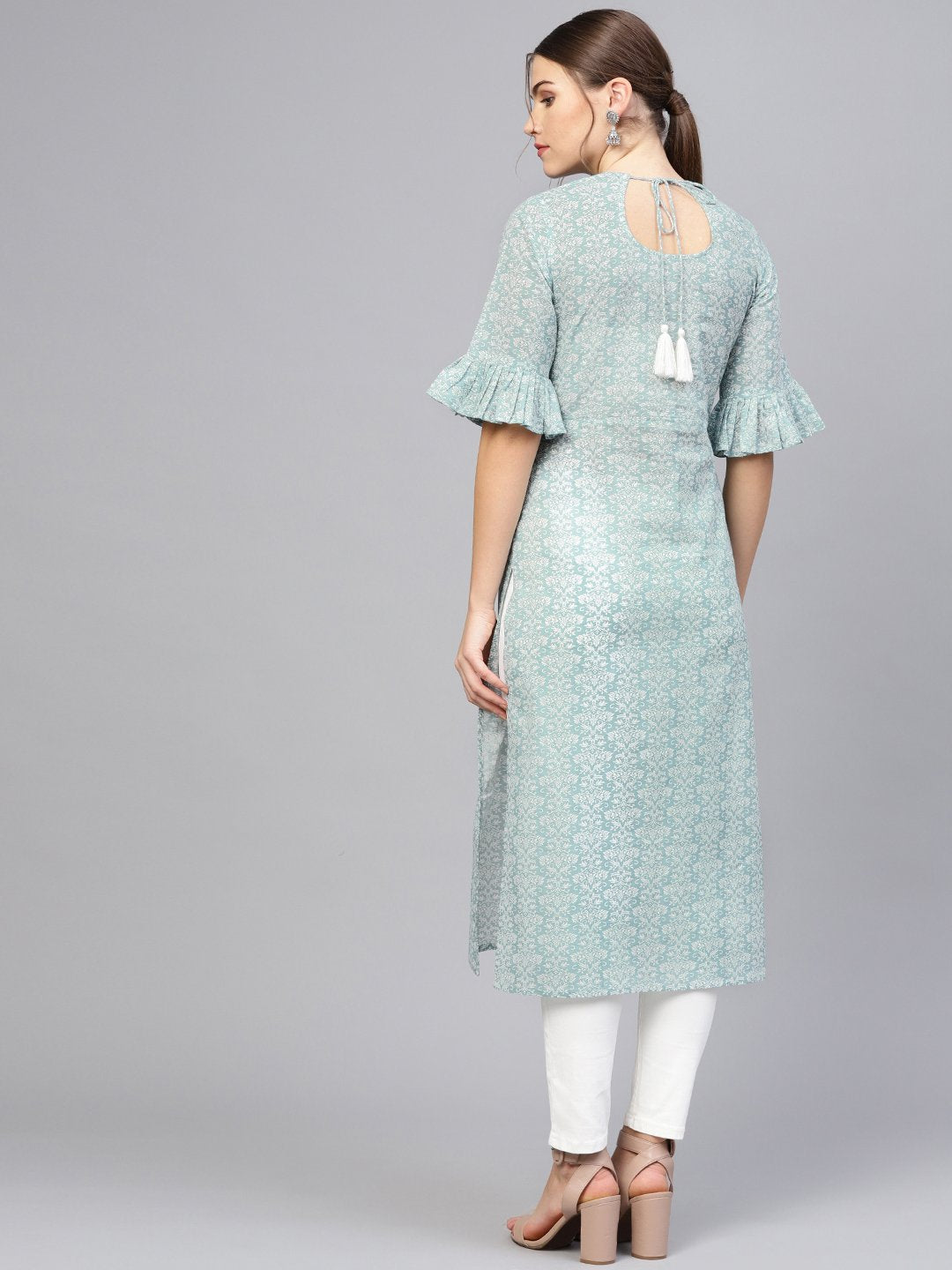 Women Grey & White Printed Straight Kurta | NOZ2TOZ - Made In INDIA.