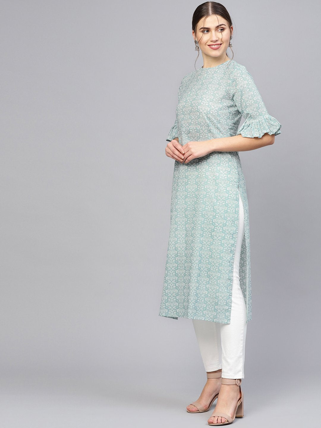 Women Grey & White Printed Straight Kurta | NOZ2TOZ - Made In INDIA.