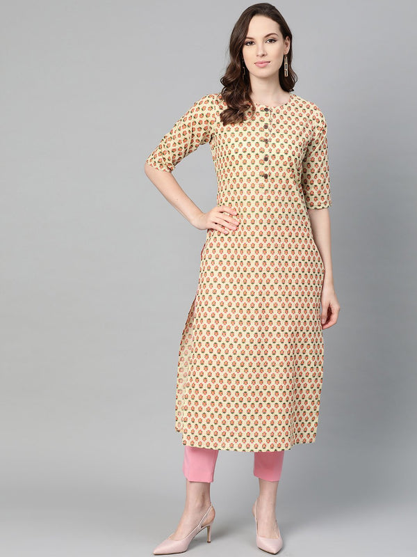 Beige with multi floral printed kurta with buttons detailing | NOZ2TOZ - Made In INDIA.