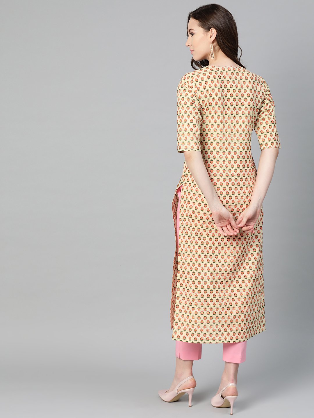 Beige with multi floral printed kurta with buttons detailing | NOZ2TOZ - Made In INDIA.