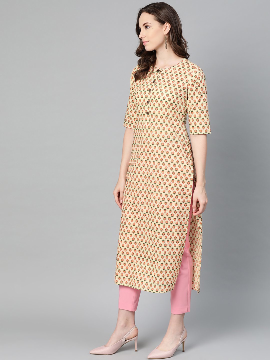 Beige with multi floral printed kurta with buttons detailing | NOZ2TOZ - Made In INDIA.