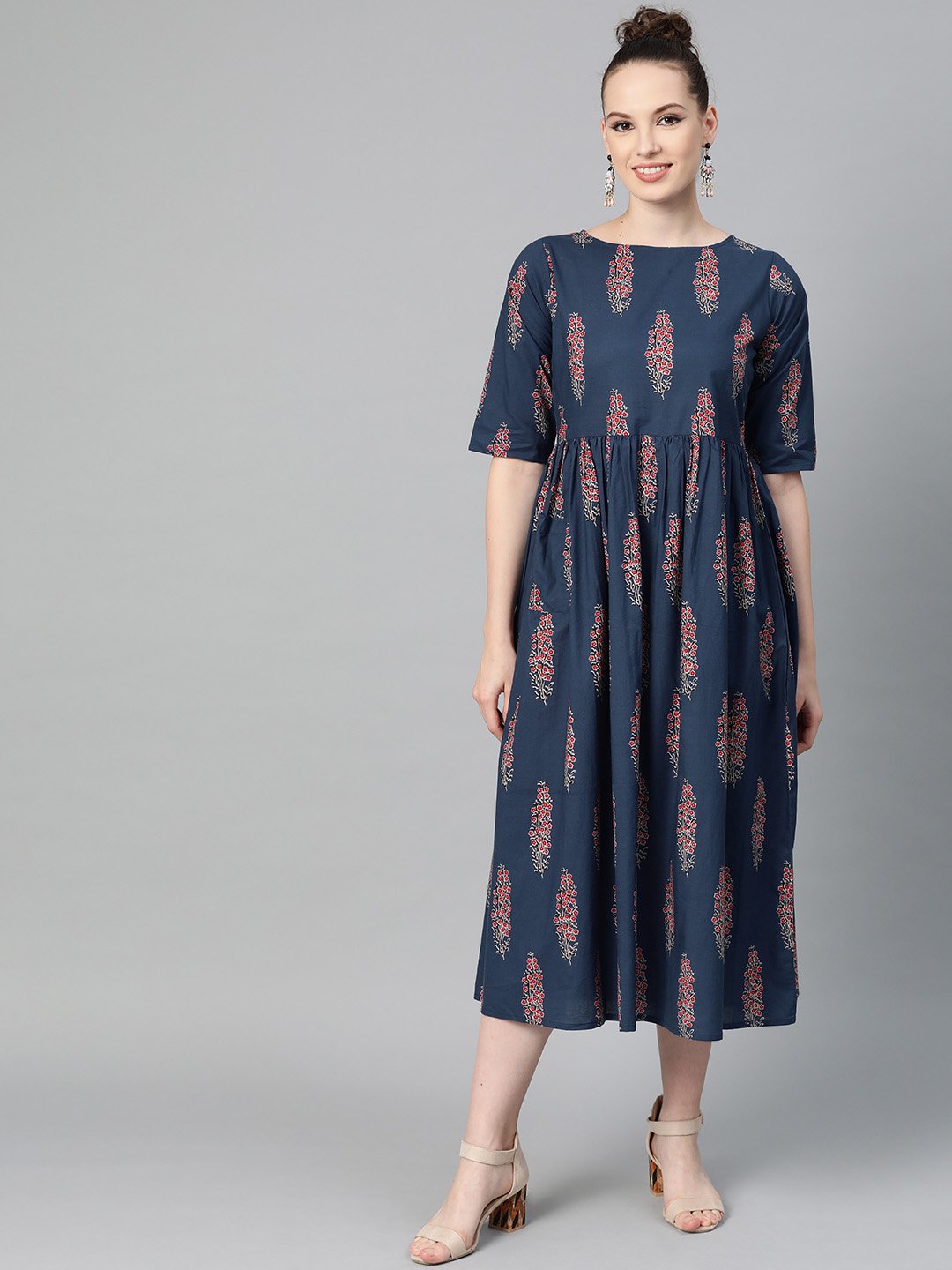 Cobalt Blue & red printed floral maxi dress Round neck & half sleeves | NOZ2TOZ - Made In INDIA.