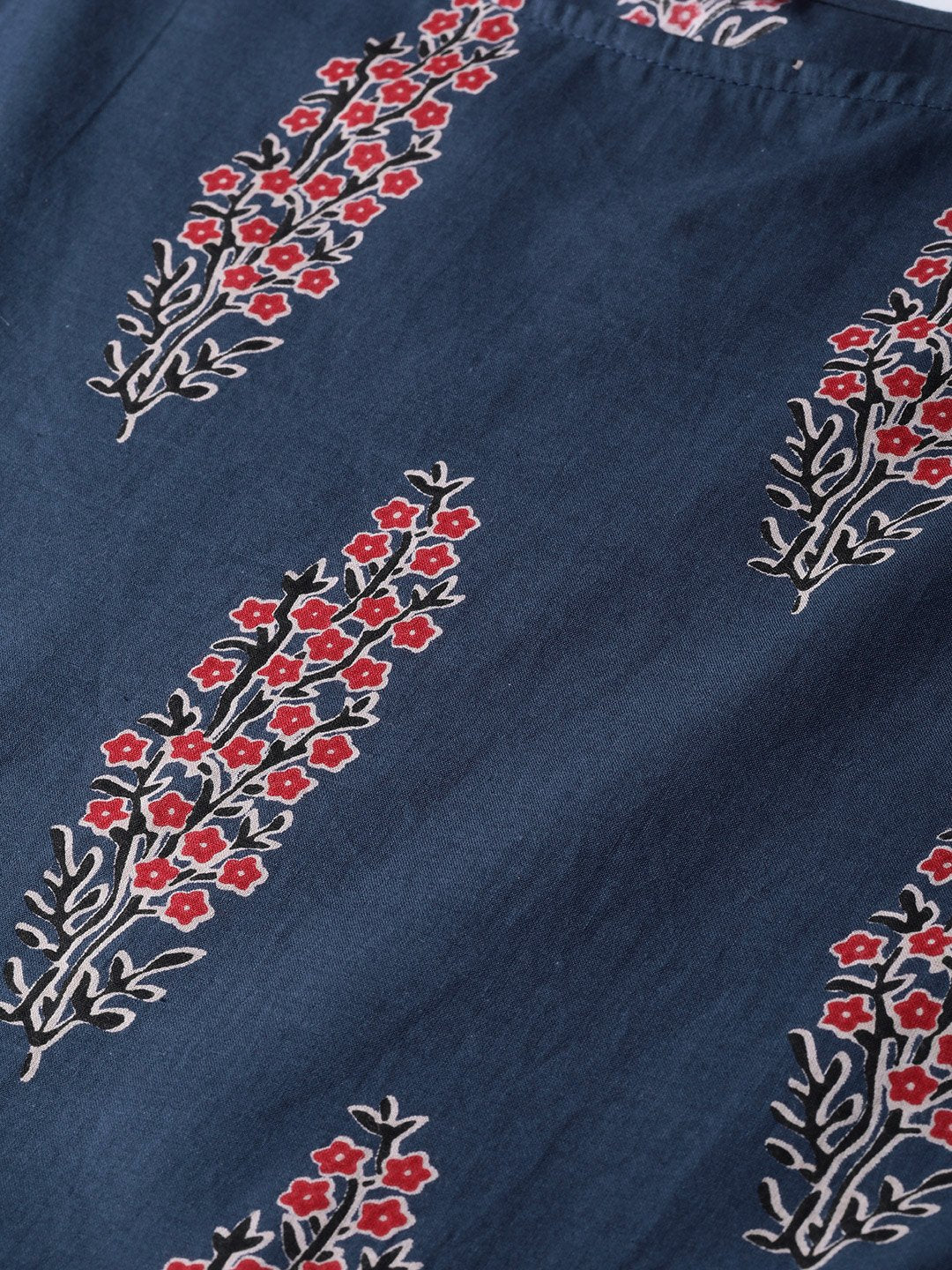 Cobalt Blue & red printed floral maxi dress Round neck & half sleeves | NOZ2TOZ - Made In INDIA.