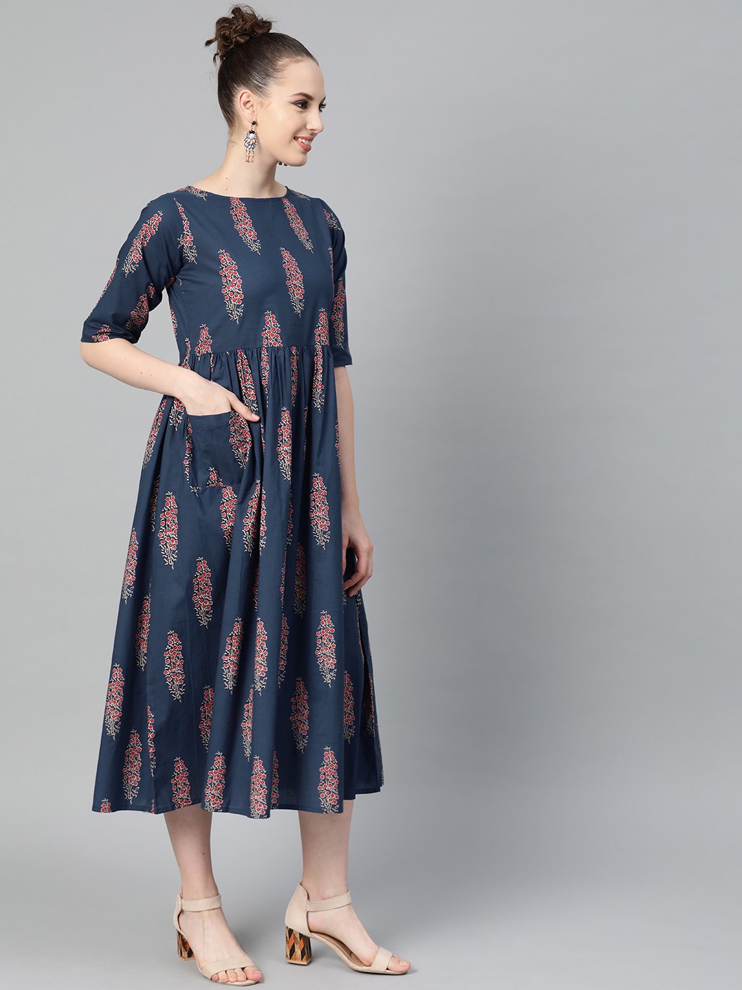 Cobalt Blue & red printed floral maxi dress Round neck & half sleeves | NOZ2TOZ - Made In INDIA.