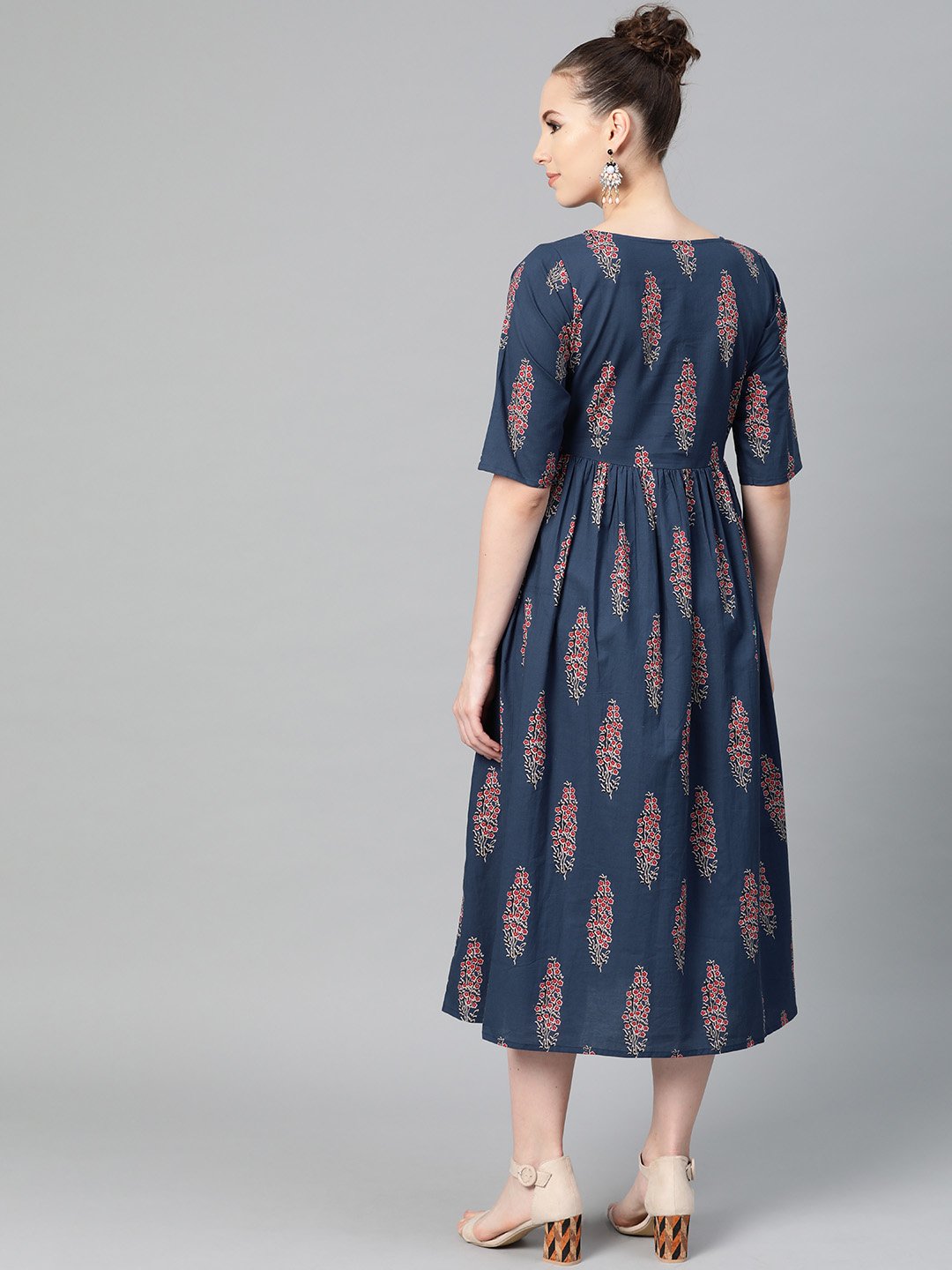 Cobalt Blue & red printed floral maxi dress Round neck & half sleeves | NOZ2TOZ - Made In INDIA.