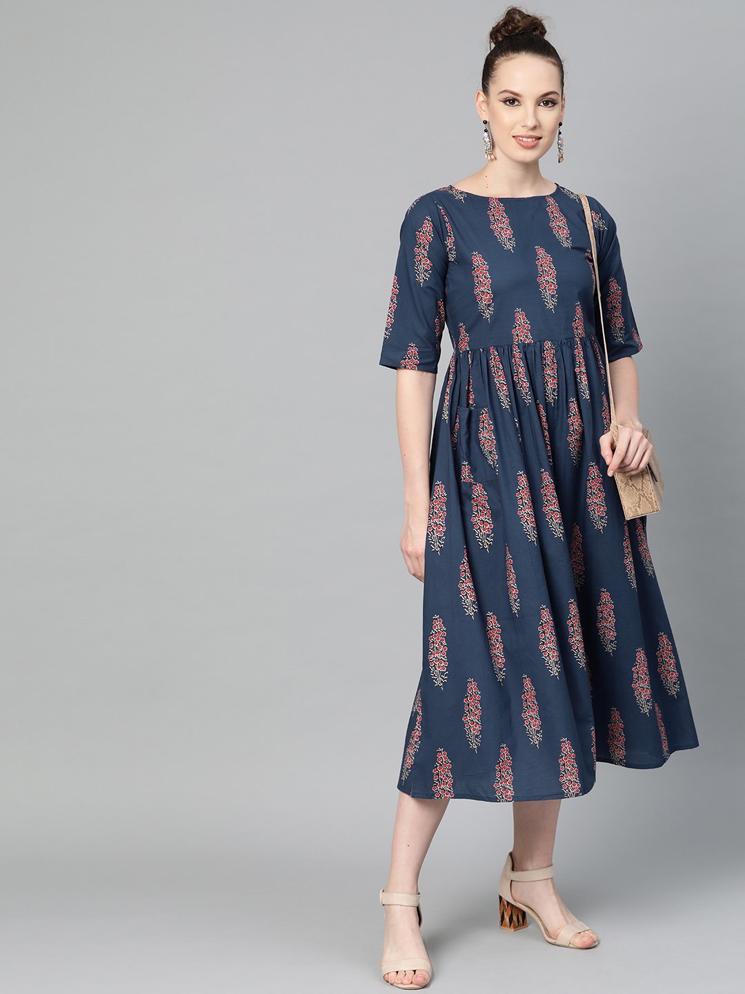 Cobalt Blue & red printed floral maxi dress Round neck & half sleeves | NOZ2TOZ - Made In INDIA.