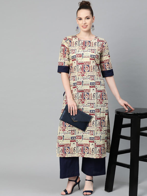 Beige with multi colored abstract print kurta with solid navy blue pallazos | NOZ2TOZ - Made In INDIA.