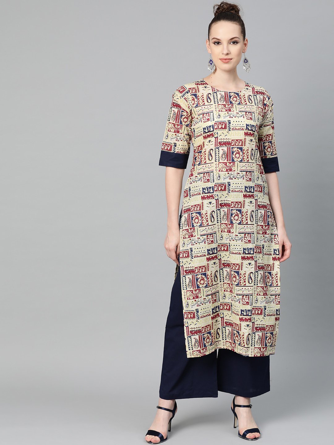 Beige with multi colored abstract print kurta with solid navy blue pallazos | NOZ2TOZ - Made In INDIA.