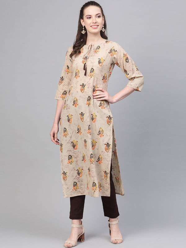 Beige with multi colored floral kurta with solid chocolate brown pants | NOZ2TOZ - Made In INDIA.