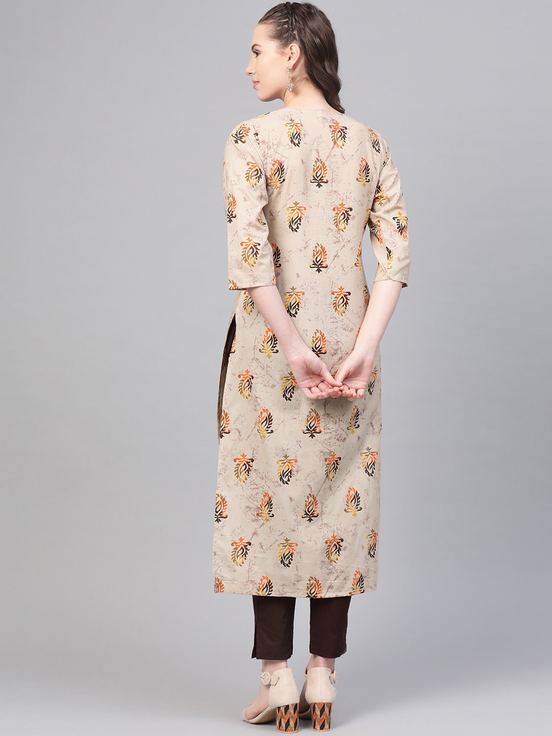 Beige with multi colored floral kurta with solid chocolate brown pants | NOZ2TOZ - Made In INDIA.