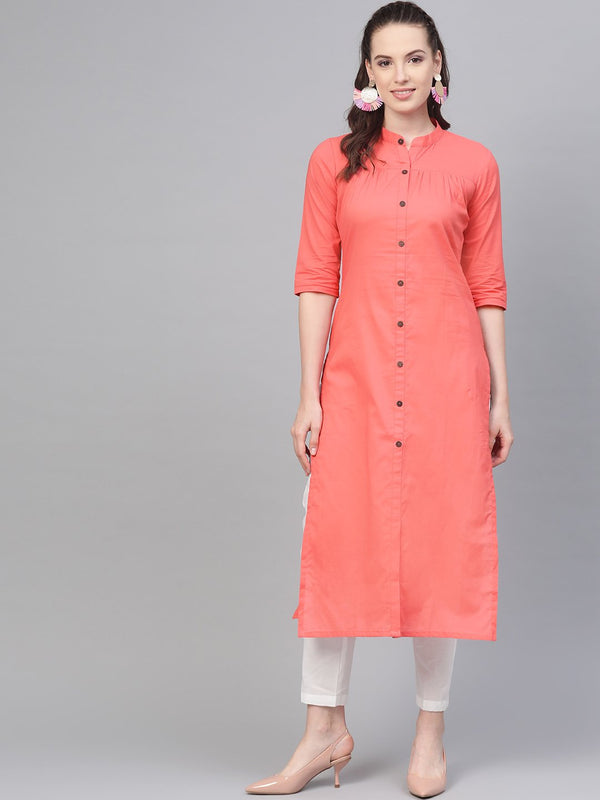 Solid Peach kurta with gathered detailing with Solid White Pants | NOZ2TOZ - Made In INDIA.