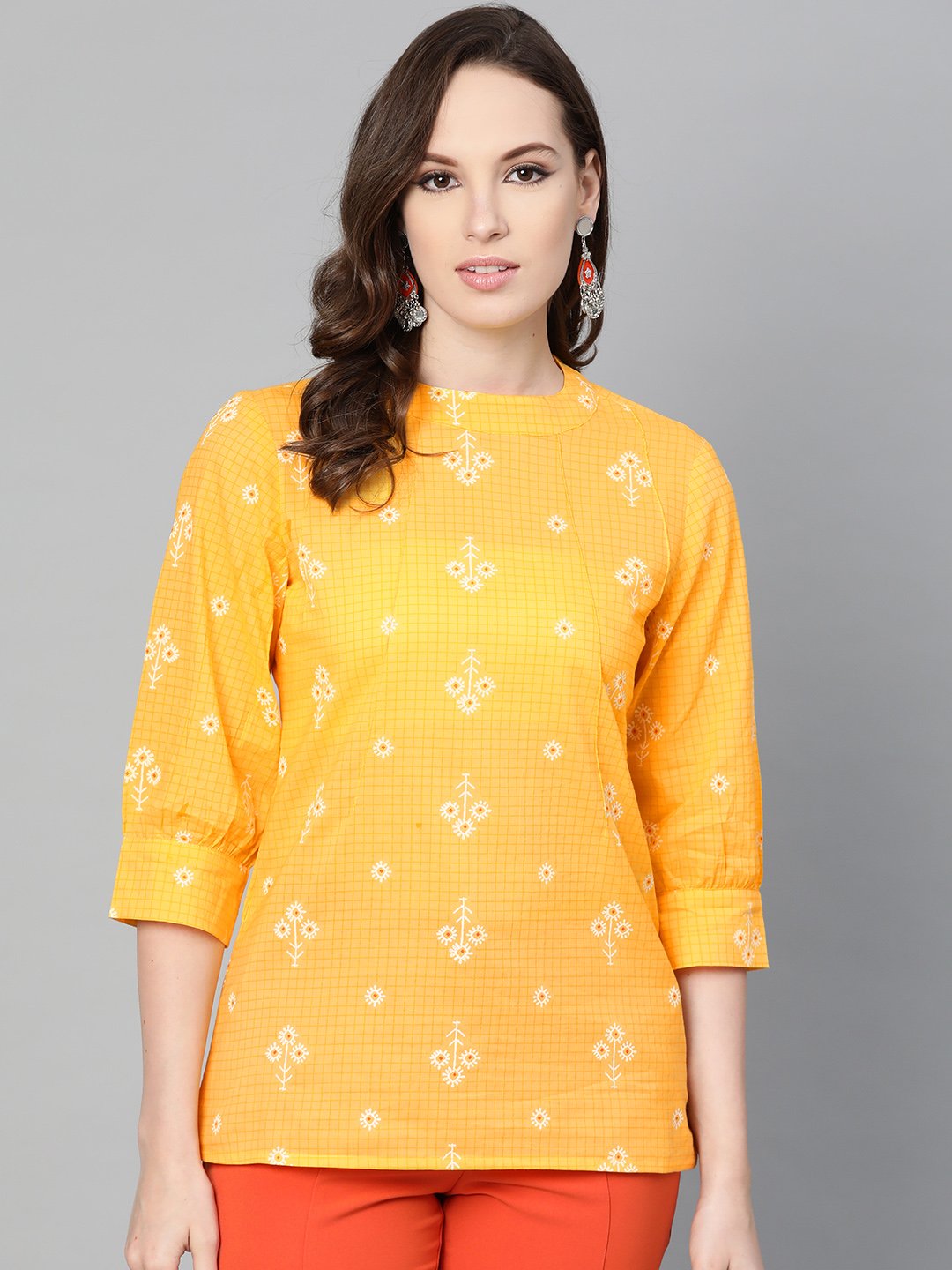 Yellow floral & checks printed a-line top | NOZ2TOZ - Made In INDIA.