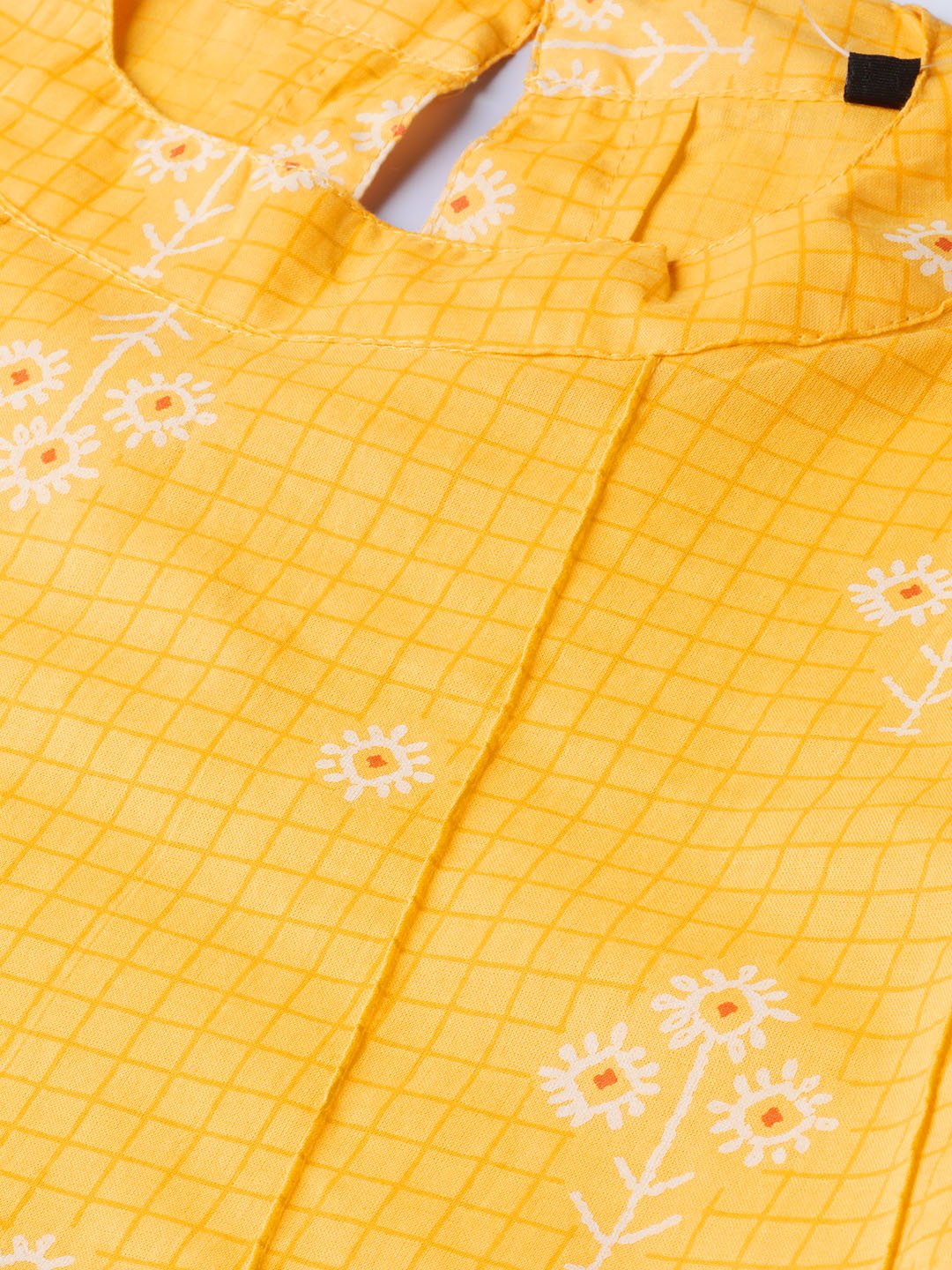 Yellow floral & checks printed a-line top | NOZ2TOZ - Made In INDIA.