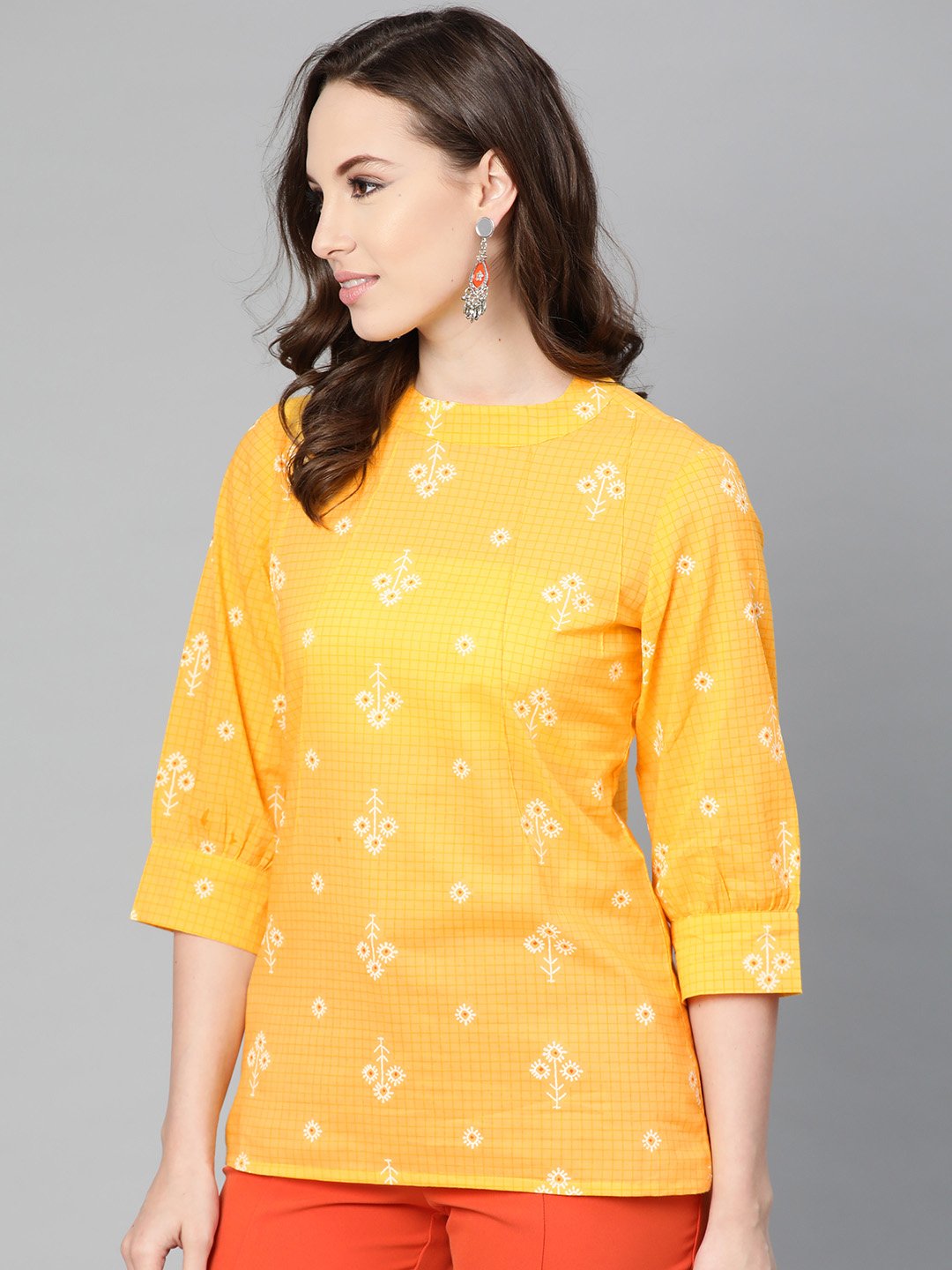 Yellow floral & checks printed a-line top | NOZ2TOZ - Made In INDIA.