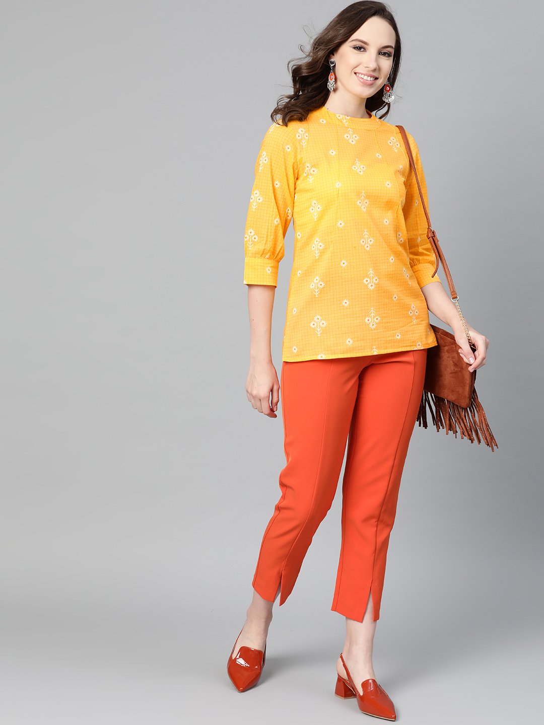 Yellow floral & checks printed a-line top | NOZ2TOZ - Made In INDIA.