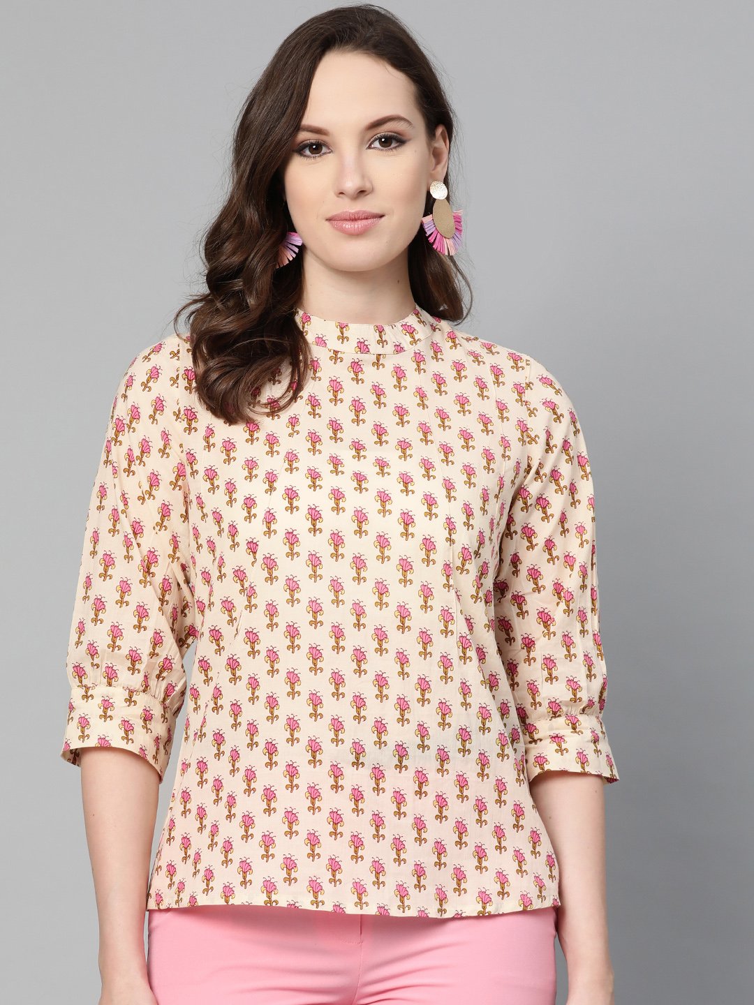 Cream and pink floral printed a-line top | NOZ2TOZ - Made In INDIA.