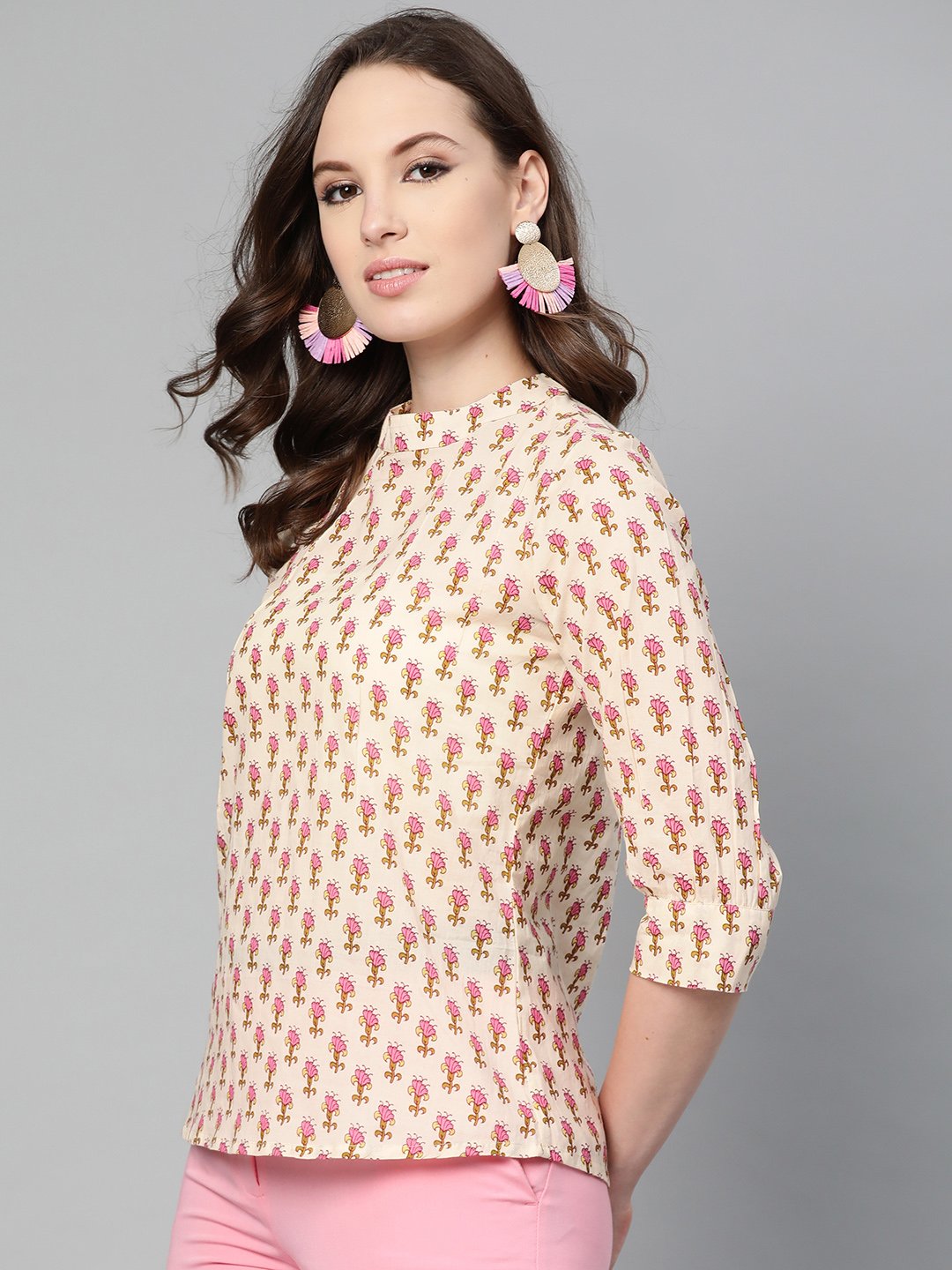 Cream and pink floral printed a-line top | NOZ2TOZ - Made In INDIA.