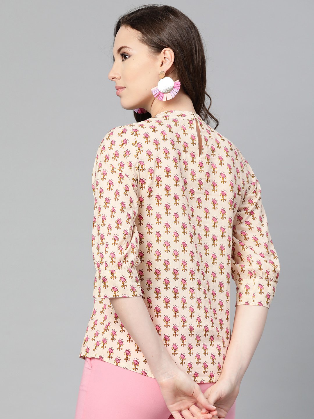 Cream and pink floral printed a-line top | NOZ2TOZ - Made In INDIA.