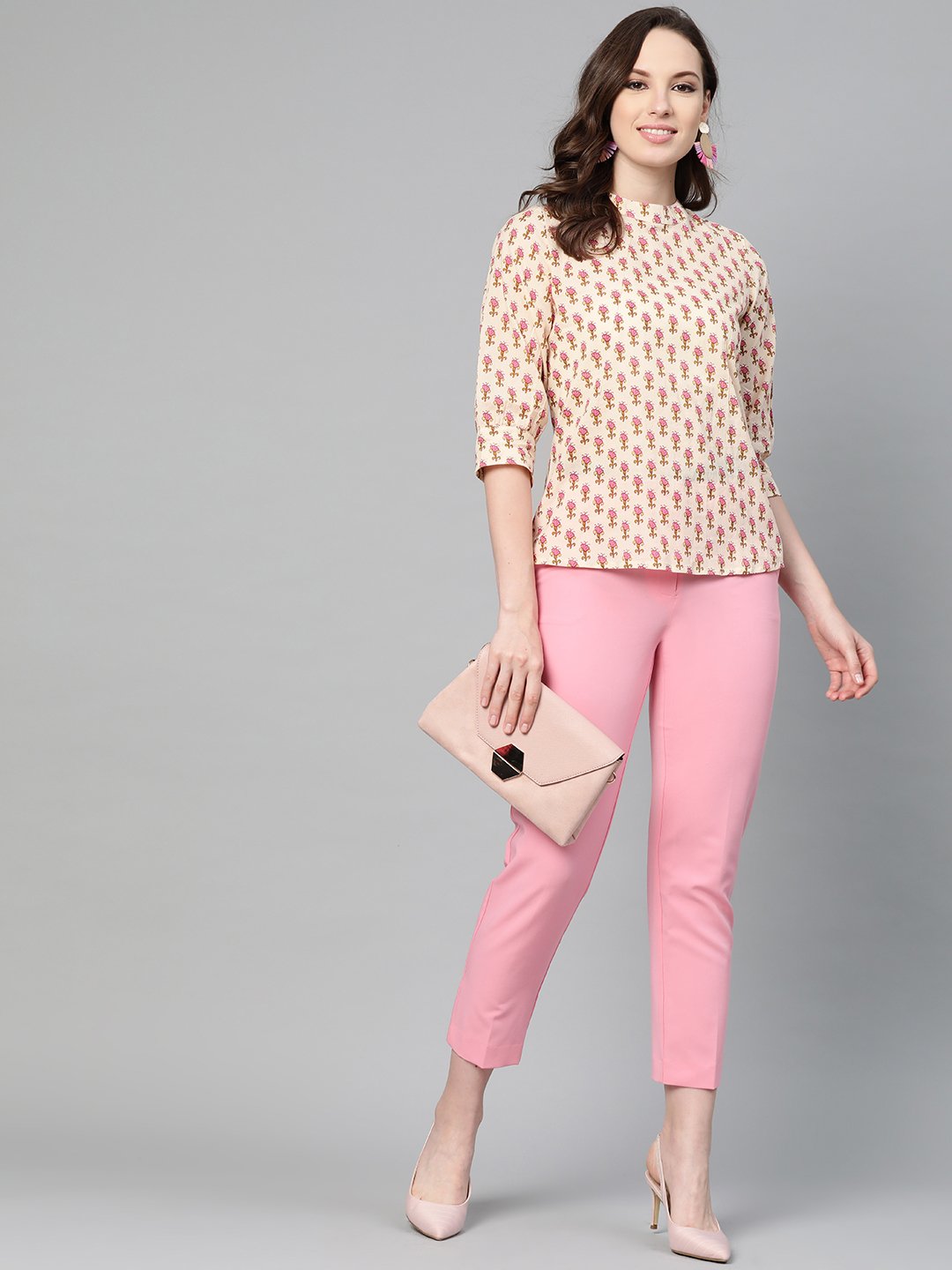 Cream and pink floral printed a-line top | NOZ2TOZ - Made In INDIA.