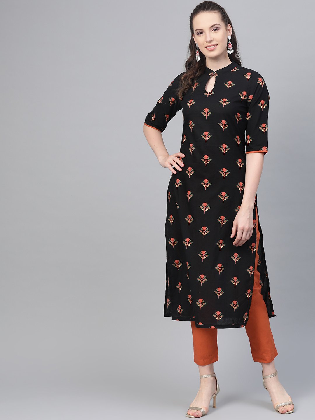 Black & rust orange multi floral printed kurta & solid pants | NOZ2TOZ - Made In INDIA.