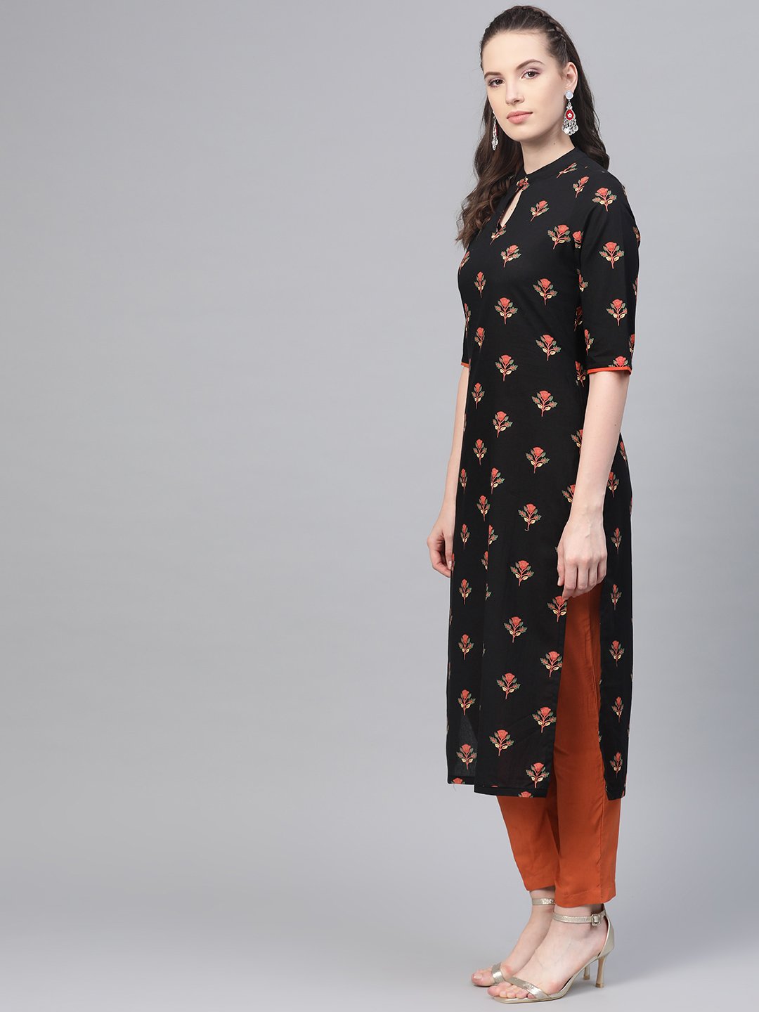 Black & rust orange multi floral printed kurta & solid pants | NOZ2TOZ - Made In INDIA.