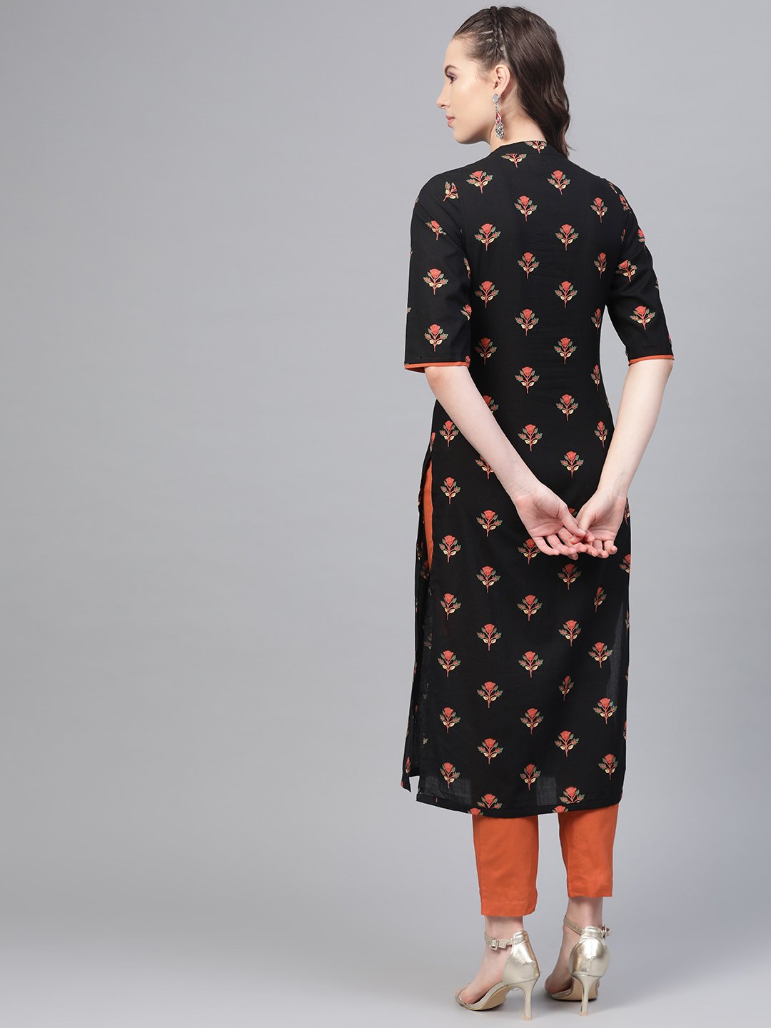 Black & rust orange multi floral printed kurta & solid pants | NOZ2TOZ - Made In INDIA.